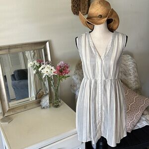 Pact cottage 100% organic cotton boho western mini cream gray striped dress S